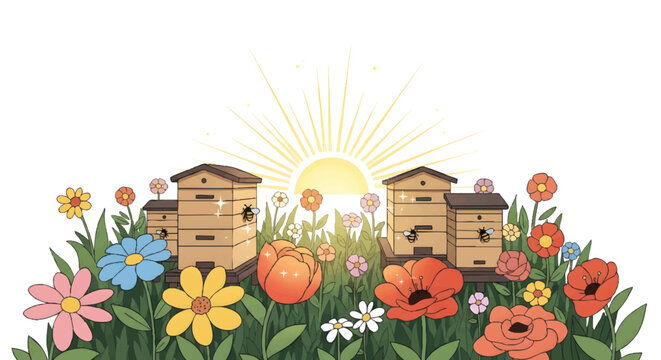 Beehives and flowers in a sunny meadow illustration