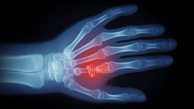 X ray medical illustration of fractured finger with pain highlight
