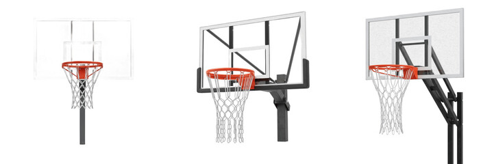 Professional Basketball Hoops with Tempered Glass Backboards, Breakaway Rims, and Heavy-Duty Mounting Systems – Set of Three Regulation Training Systems Isolated on White Background © Cuba MLK