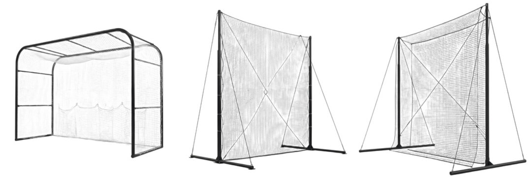Heavy-Duty Multi-Sport Training Nets and Backstop Barrier &ndash; Set of Three High-Impact Protective Screens for Baseball, Softball, and Golf Practice Isolated on White Background