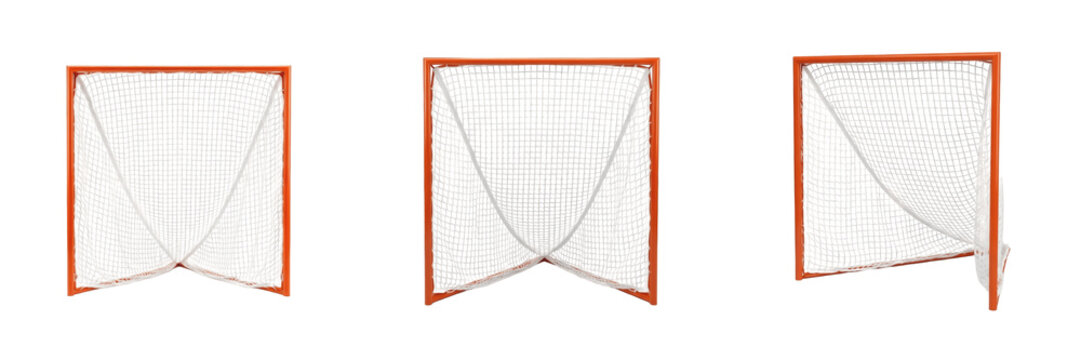 Professional Lacrosse Goals with Heavy-Duty Orange Steel Frames and Durable White Mesh Netting &ndash; Set of Three Regulation Size Lacrosse Cages for Training and Match Play on White