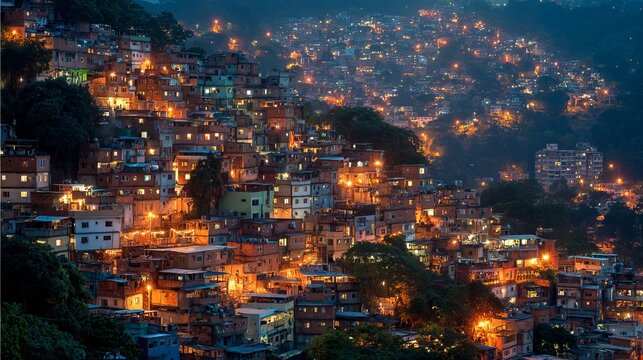 Sunrise lights up favela homes on a Rio de Janeiro hill.