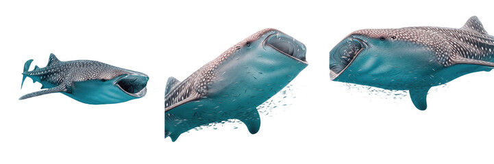 Whale Sharks Swimming and Feeding Isolated on White Background  Set of Three Realistic Marine Cartilaginous Fish for Oceanic Nature Graphic Design, Scuba Diving Education, and Marine Conservation Biol © Cuba MLK