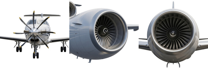 Realistic Airplane Propeller and Jet Engine Turbofan Models Isolated on White Background  Set of Three Aviation Propulsion Components Including Nose Propeller and Turbine Intake for Aerospace Design © Cuba MLK