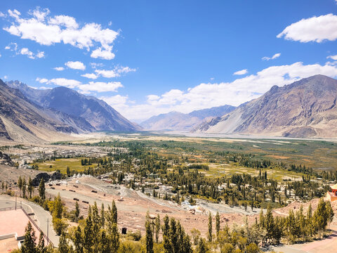 Panoramic Elevated View of the Lush Nubra Valley and Shyok Riverbed from Diskit Monastery in Ladakh