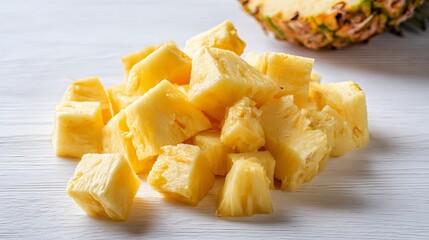 Fototapeta premium Pineapple chunks lay on white surface.