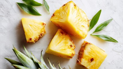 Fototapeta premium Pineapple chunks lay on white surface.