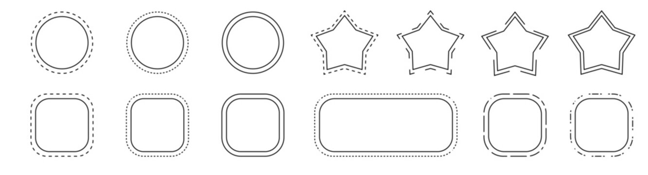Dashed line square and round borders, dotted rectangles, circles