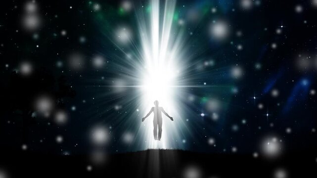 A silhouette of a man in nature among glowing lights, levitating above the ground, flying toward a bright light in the starry night sky and dissolving into it. The idea of freedom of choice, open mind