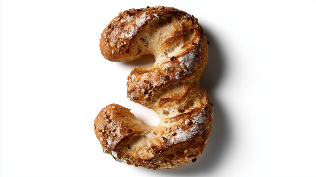 A white bread with number 3 shape on white background