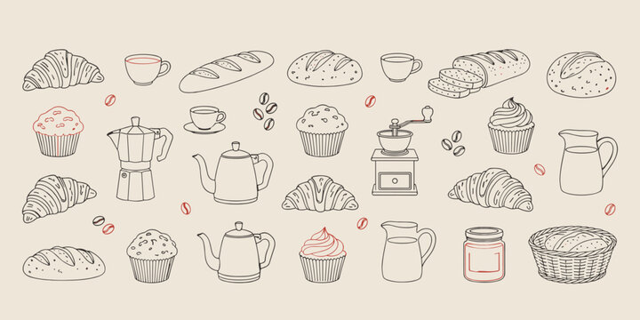 Bakery and coffee icons set with bread croissant cupcakes teapot and coffee beans