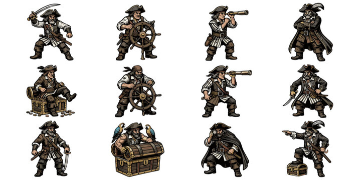 Set of cartoon historical buccaneers in various action poses 