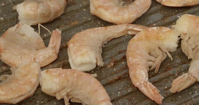 pan frying fresh shrimps in a griddle pan closeup selective focus 4k 30fps