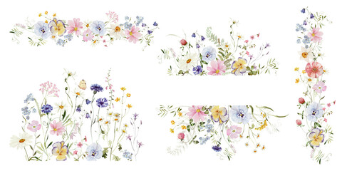 Obraz premium Spring bouquet set. Watercolor colorful wildflower floral clipart - flower meadow green red yellow herbs leaves. Wedding invitation, fashion, background, textile. Peony, rose, shamrock, chamomile