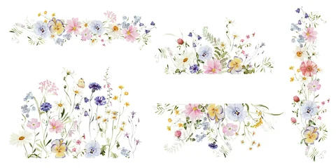Spring bouquet set. Watercolor colorful wildflower floral clipart - flower meadow green red yellow herbs leaves. Wedding invitation, fashion, background, textile. Peony, rose, shamrock, chamomile © Veris Studio