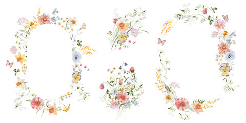 Spring bouquet set. Watercolor colorful wildflower floral clipart - flower meadow green red yellow herbs leaves. Wedding invitation, fashion, background, textile. Peony, rose, shamrock, chamomile, ivy © Veris Studio