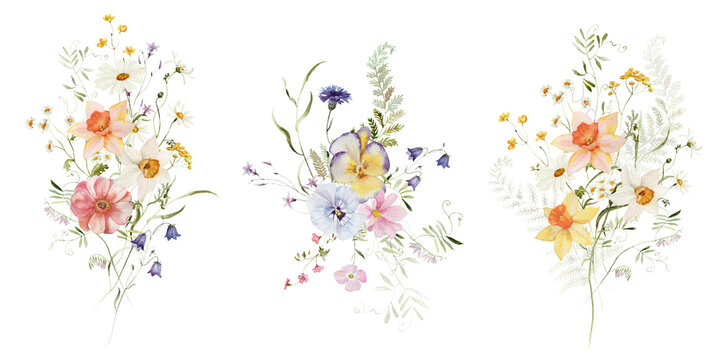 Spring bouquet set. Watercolor colorful wildflower floral clipart - flower meadow green red yellow herbs leaves. Wedding invitation, fashion, background, textile. Peony, rose, shamrock, chamomile, ivy