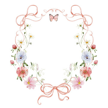 Spring bow ribbon wreath frame with butterfly. Watercolor colorful wildflower floral clipart - flower meadow green red yellow leaves. Wedding invitation, fashion, background, textile. Peony, roses.