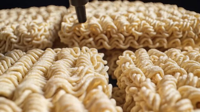 Closeup of Instant Noodles Being Processed in a Factory Setting.