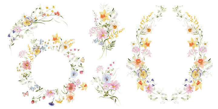 Spring bouquet set. Watercolor colorful wildflower floral clipart - flower meadow green red yellow herbs leaves. Wedding invitation, fashion, background, textile. Peony, rose, shamrock, chamomile, ivy