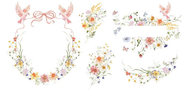 Spring floral set. Watercolor colorful wildflower floral clipart - flower meadow green red yellow herbs leaves. Wedding invitation, fashion, background, textile. Bow, ribbon, butterfly, doves, peony