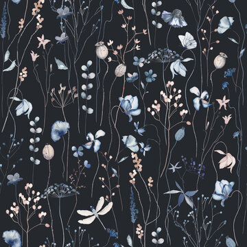 Floral seamless pattern with delicate blue meadow flowers, plants and leaves, watercolor illustration on black background, print for textile, wallpapers, texture, wedding stationery invitations.