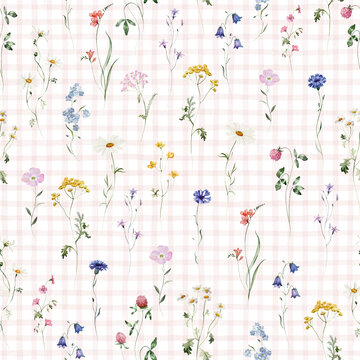 Watercolor delicate checkered seamless pattern with spring colorful flowers and floral elements, seamless illustration for cute home textile, background or wrapping paper. Hand-drawn abstract repeat 