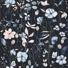 Floral seamless pattern with delicate blue meadow flowers, plants and leaves, watercolor illustration on black background, print for textile, wallpapers, texture, wedding stationery invitations. © Veris Studio