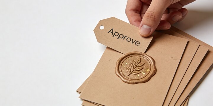 Hand placing approve tag on recycled kraft packaging cards with botanical wax seal and clean copy space for sustainable packaging approval and eco branding communication
