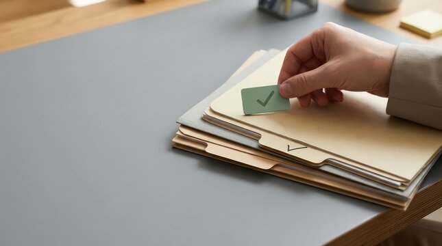 Hand placing approval check tile on layered document folders with clear review workflow and left copy space for business paperwork signoff