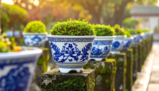 Row of Decorative Blue and White Ceramic Pots with Greenery.