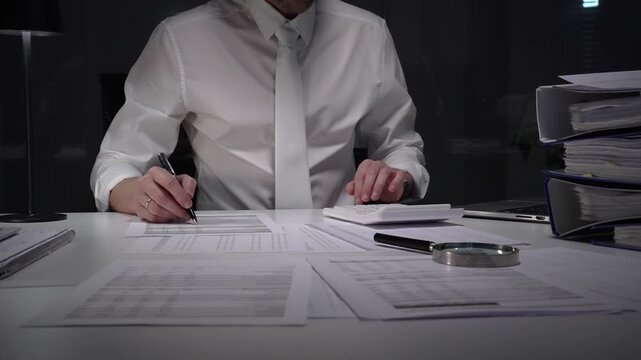 Business professional working late on financial audit in modern office, analyzing tax documents and managing paperwork deadlines with precision and expertise