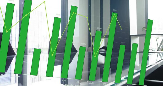 Green bar chart growing across glass table on fiscal load, showing monthly values, camera shifting