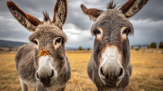 Two donkeys stand in a field. One donkey has a carrot in its mouth.