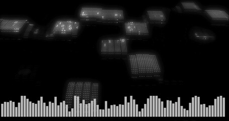 Naklejka premium Displaying central audio visualizer pulsing in dark digital space, with glowing dotted panels