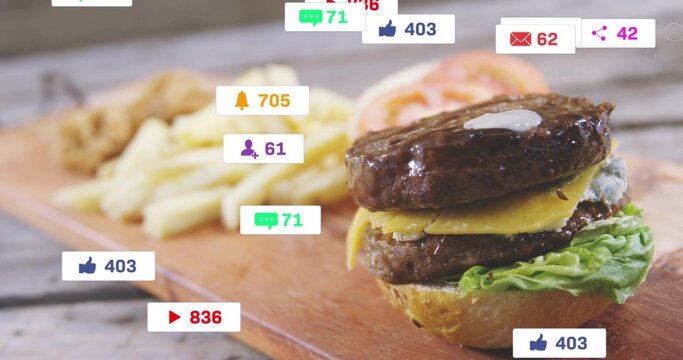 Showing double cheeseburger sitting on wood board, with fries and social badges, copy space