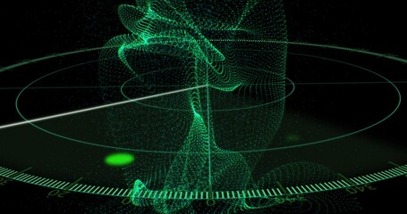 Fototapeta premium Rising neon-green point-cloud column spiraling above circular radar grid with numeric ticks