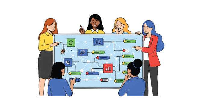 Diverse team collaborating on a large flowchart or mind map