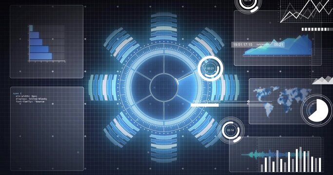 Displaying central circular interface hub pulsing on navy grid, with clear panels and dial widgets