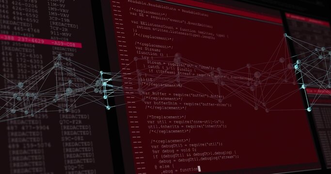 Displaying central code panel showing monospaced JS source in dark workspace with teal node graph