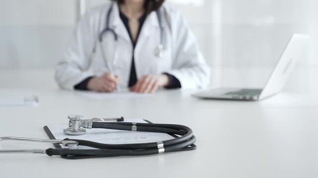 Stethoscope on clipboard, doctor working in office, preparing for patient examination, medical healthcare appointment. Medicine, healthcare and science concept