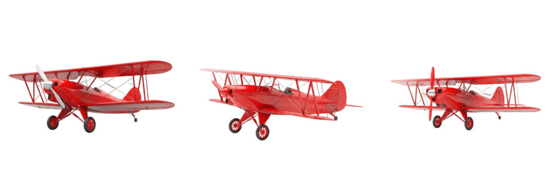 Set of Three Realistic Red Biplane Models, Vintage Double-Wing Aircraft Illustrations for Aviation History, Stunt Pilot Branding, and Retro Flight Design Isolated on White Background PNG