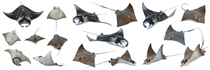 Large Collection of Realistic Manta Rays and Stingrays Isolated on White Background, Diverse Species of Marine Sea Creatures in Various Swimming Poses, Ocean Wildlife PNG Asset Pack © SoYEEC