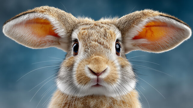 Adorable and funny close-up of a fluffy white rabbit with a wide, joyful expression, showcasing its cute face and soft fur
