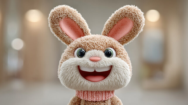 Extreme close-up of an adorable white fluffy rabbit with a funny shocked expression, wide eyes, and an open mouth