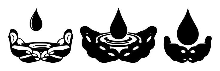 Naklejka premium Water drop set with solid black icon on white background featuring hand shapes, water drop, cupped hands with graphic design and minimalism