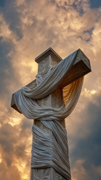 Wooden cross draped with sunset sky background. Symbol of hope and renewal during holy week christian. Easter, resurrection, and hope. 