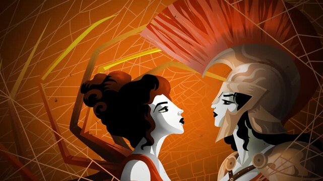 arachne with spider legs in web challenging goddess athena minerva
