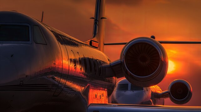 Gulfstream Jets' rear parts glow as sun sets.