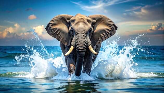 Majestic Elephant Emerges from Ocean Waves, Splashing Water, Stunning Scene.